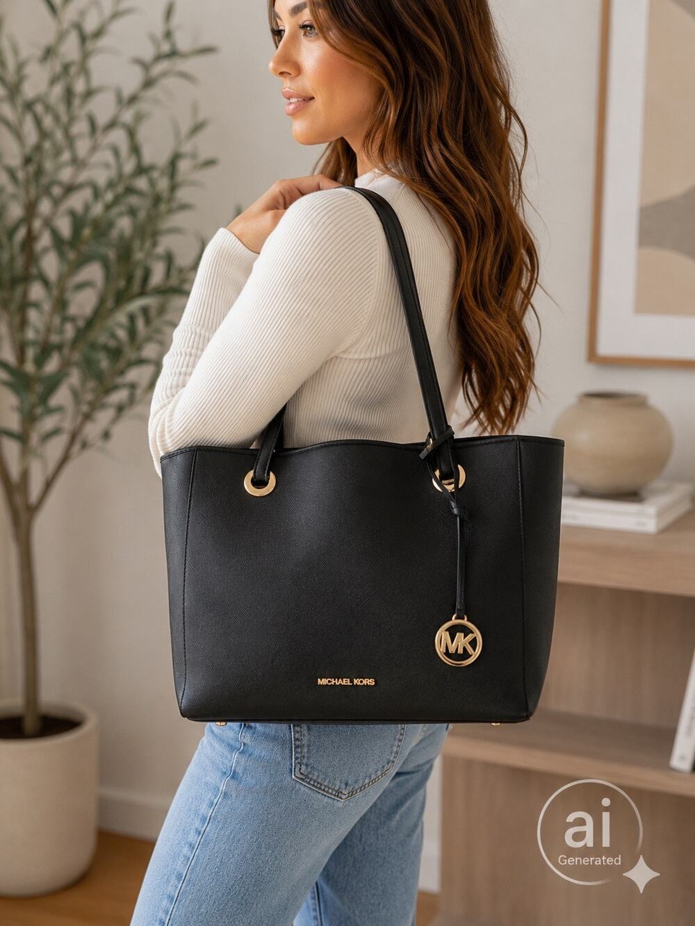 Michael Kors Black Saffiano Leather Tote Shoulder Bag Gold Hardware Quiet Luxury